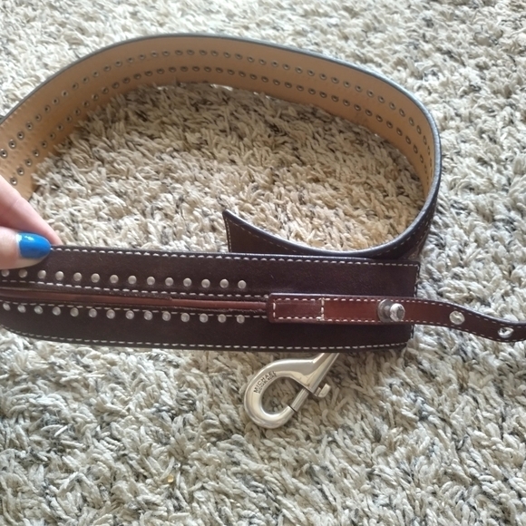 Michael Kors Brown Leather Statement Belt Silver Bolt Snap Buckle Clip Med 36” - Picture 2 of 5